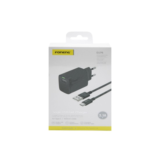 Carregador Foneng EU76 USB 2,1A com Cabo Tipo-C 1m Preto